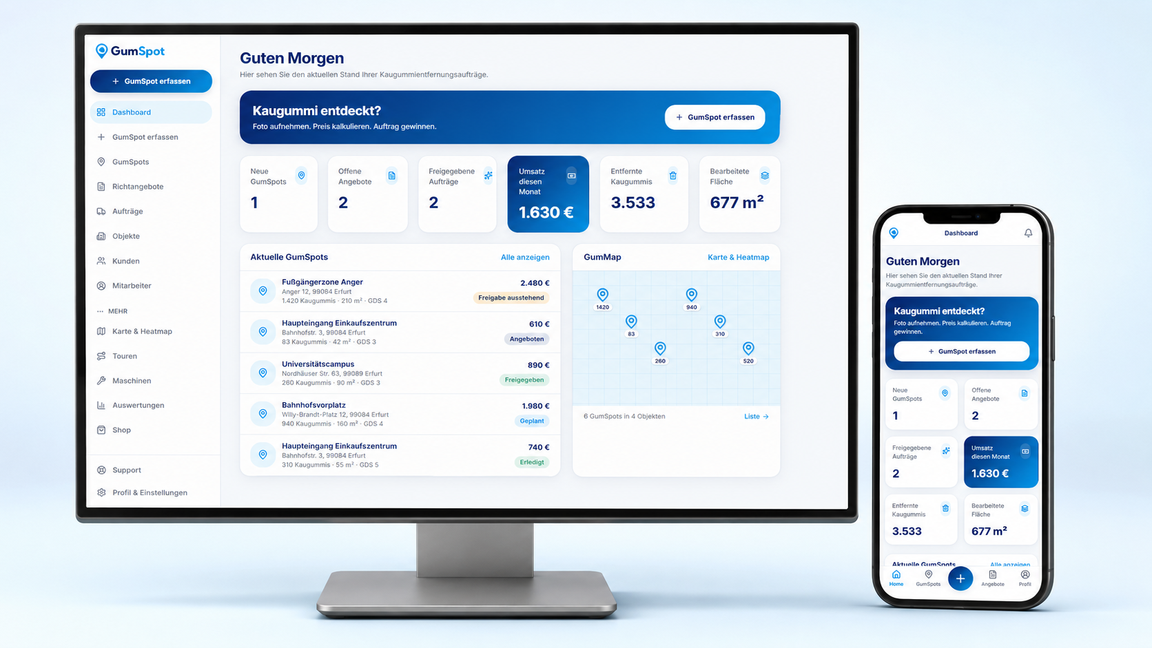 GumSpot Dashboard auf Desktop und Smartphone: GumSpots, Karte und Richtpreise